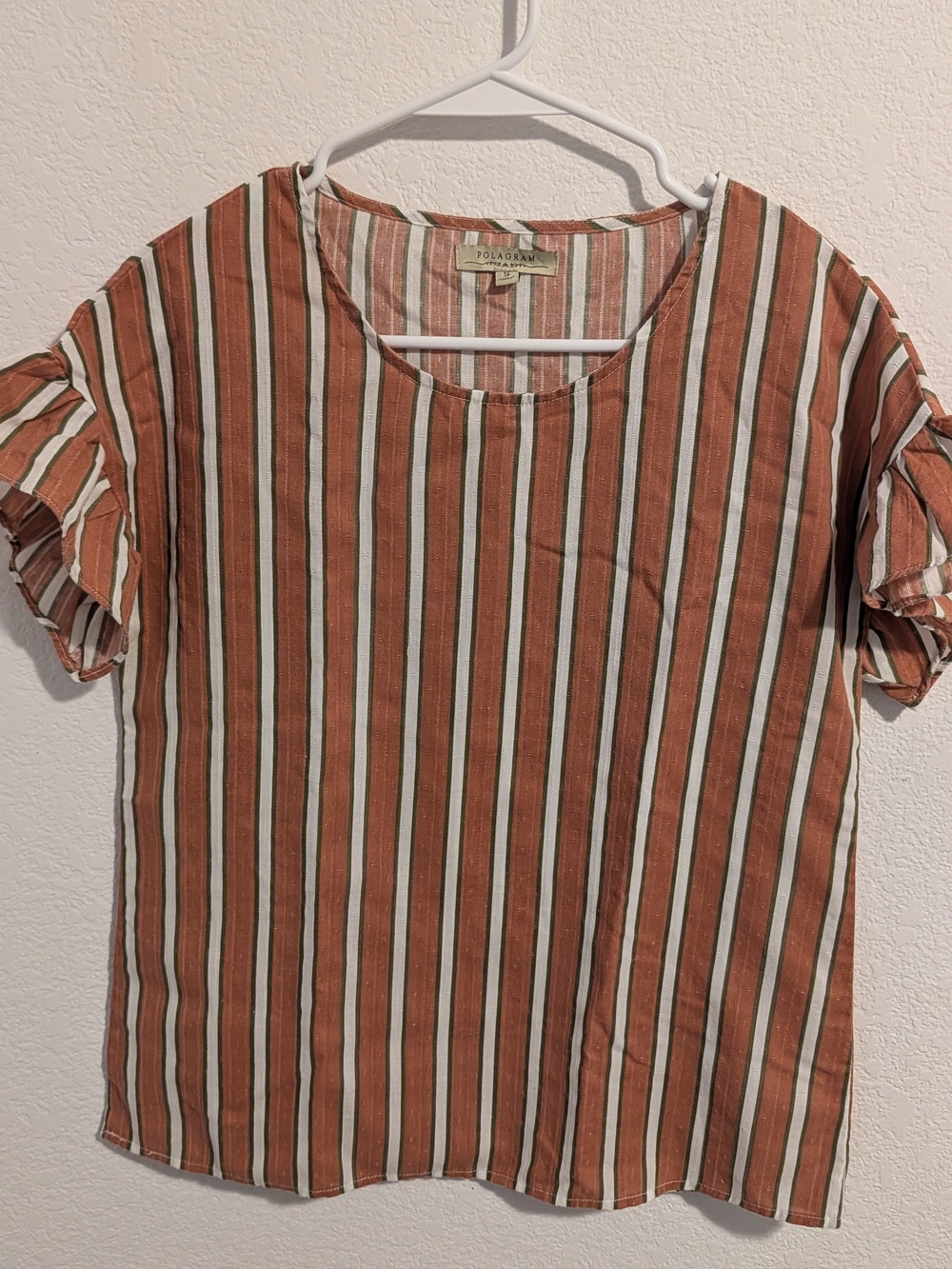 Polagram Rust and White Vertical Stripe Ruffle Sleeve Top
